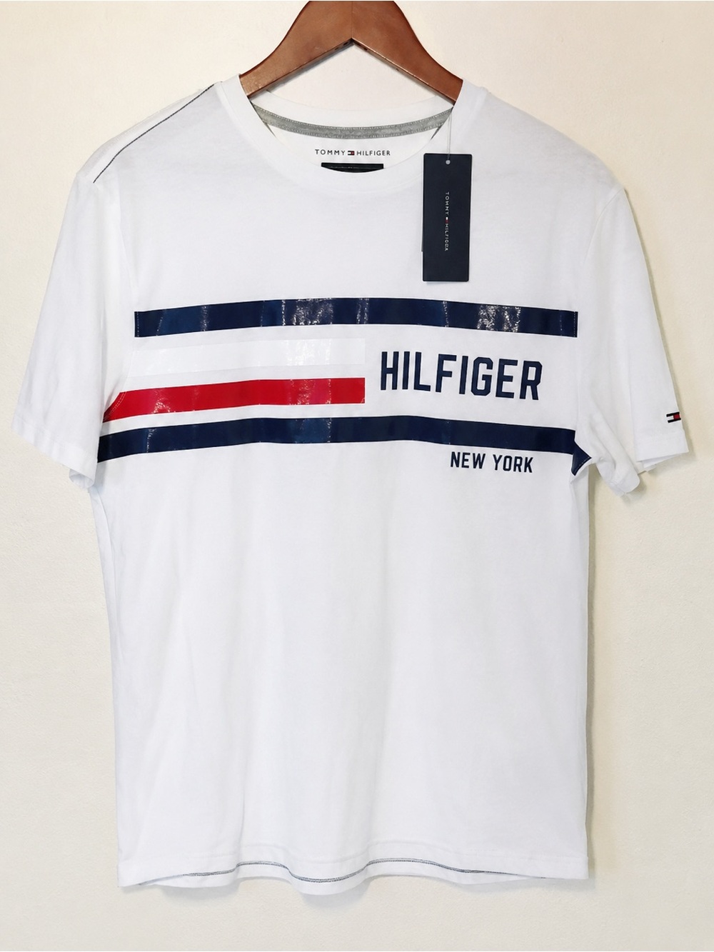 Tommy Hilfiger White Tee with Navy & Red Stripe Logo